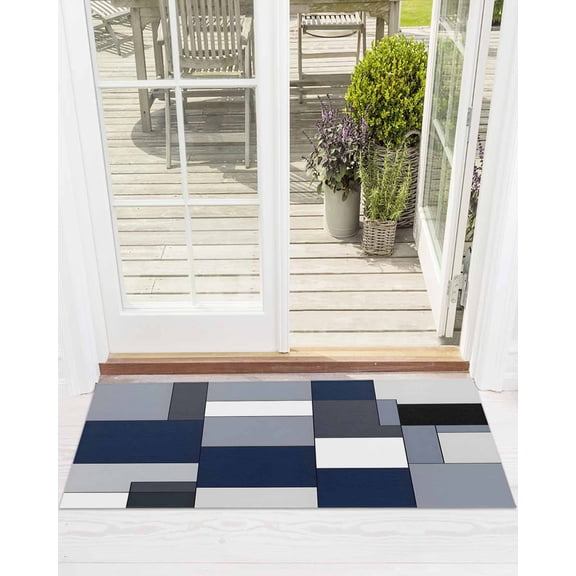Blue Grey Patchwork Front Door Mat Retro Abstract Geometric Art Welcome Doormat Indoor Outdoor Entrance Floor Mat Non-Slip Washable Runner Rug for Front Porch Decor 18x60 Inch