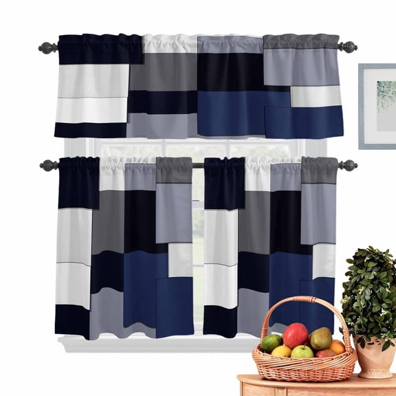 Blue Grey Patchwork Kitchen Curtains Valances 3 Piece Set, Abstract Retro Geometric Art Rod Pocket Tier Curtain and Valance Drapes for Small Window 24 Inch Length for Bedroom Cafe