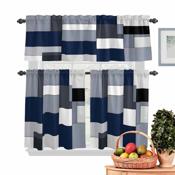 Blue Grey Patchwork Kitchen Curtains Valances 3 Piece Set, Retro Abstract Geometric Art Rod Pocket Tier Curtain and Valance Drapes for Small Window 36 Inch Length for Bedroom Cafe