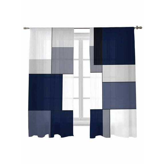 Blue Grey Patchwork Sheer Curtains 72 inches Long 2 Panels Set Abstract Geometric Art Sheer Window Curtain Rod Pocket Voile Drapes for Living Room/Bedroom, Each 52" W x 72" L