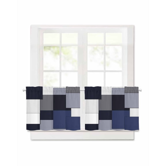 Blue Grey Patchwork Short Blackout Curtains 24 Inch Long Abstract Retro Geometric Art Rod Pocket Kitchen Curtains, 2 Panels Thermal Insulated Room Darkening Drapes for Bedroom, 30"W x 24"L