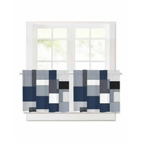 Blue Grey Patchwork Short Blackout Curtains 30Inch Long Retro Abstract Geometric Art Rod Pocket Kitchen Curtains, 2 Panels Thermal Insulated Room Darkening Drapes for Bedroom, 30"W x 30"L