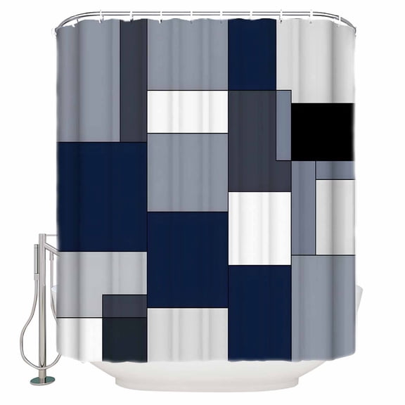 Blue Grey Patchwork Shower Curtain, 48" x 72", Retro Abstract Geometric Art Waterproof Bathroom Curtain Washable Shower Curtain Set with 12 Hooks