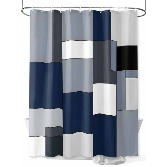 Blue Grey Patchwork Shower Curtain, Retro Abstract Geometric Art Waterproof Shower Curtain Set with 12 Hooks Lightweight Washable Fabric Shower Curtains for Bathroom 48x72 Inches