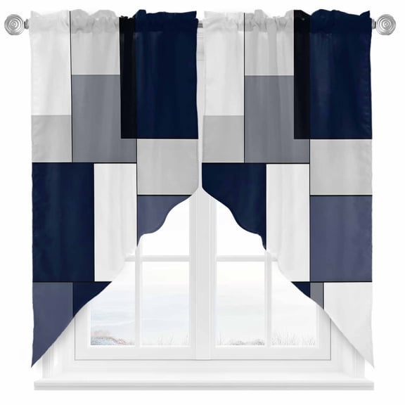 Blue Grey Patchwork Swag Curtain Valance for Windows, Abstract Geometric Art Window Treatments Short Swag Topper for Kitchen Windows Bathroom Bedroom, 36"x45"