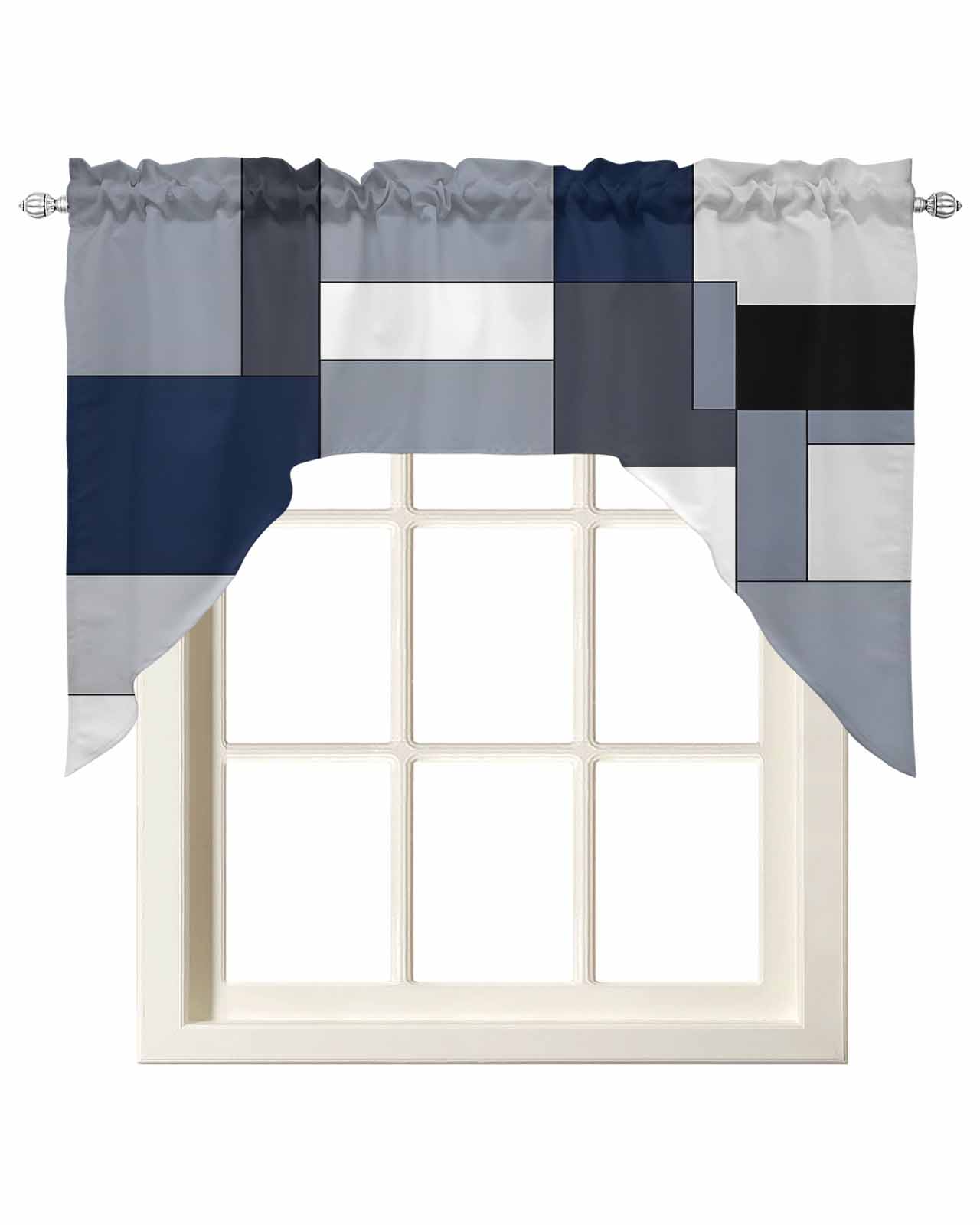 Patchwork Swags Blue Grey Patchwork Swag Valance and Tier Curtains Set Retro Abstract ...