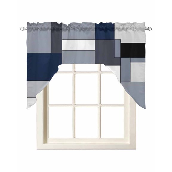 Blue Grey Patchwork Swag Valance and Tier Curtains Set Retro Abstract Geometric Art Kitchen Curtains 3 Piece Set Rod Pocket Panels for Bedroom Cafe 56x36 inch