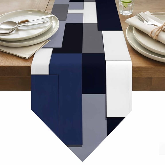 Blue Grey Patchwork Table Runner 36 Inches Long Abstract Retro Geometric Art Table Runners for Dining Room Tabletop Dresser Scarf Home Party Banquet Wedding Holiday Decoration