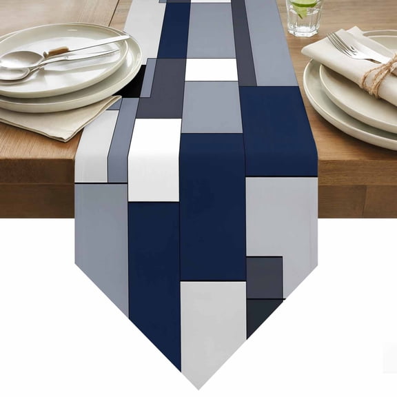 Blue Grey Patchwork Table Runner 36 Inches Long Retro Abstract Geometric Art Table Runners for Dining Room Tabletop Dresser Scarf Home Party Banquet Wedding Holiday Decoration
