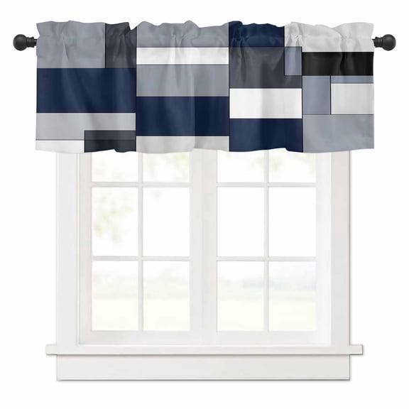 Blue Grey Patchwork Valances for Windows Retro Abstract Geometric Art Rod Pocket Curtain Valance Window Treatment Short Curtains for Kitchen Living Room, 42"x18"