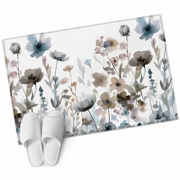 Blue Grey Pink Spring Floral 2'x3' Washable Rug, Watercolor Botanical Non-Slip Soft Doormat Area Rugs for Entrance Bathroom Bedsides, Carpet for Kitchen Bedroom, Entryway Floor Mat