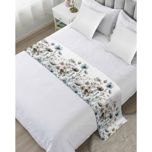 Blue Grey Pink Spring Floral Bed Runner for Twin Size Bed, Watercolor Botanical Bedspread Protector Slipcover Bed Scarf for Foot Bed Runners & Scarves for Bedroom Hotel Wedding Room 71x20 Inches