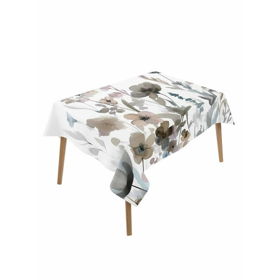 Blue Grey Pink Spring Floral Rectangle Tablecloth, Watercolor Botanical Waterproof & StainResistant Tablecloth, Washable Oil-proof Table Cover for Dining/Party/Wedding/Camping/Buffet 52x70 In