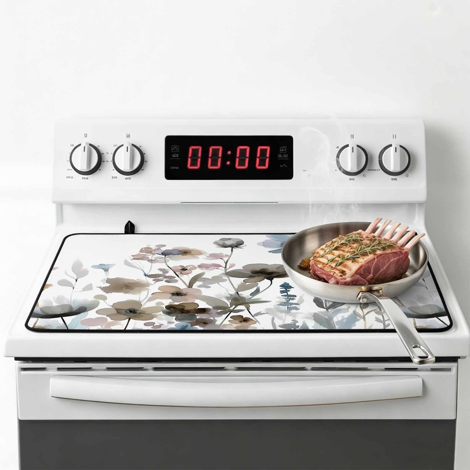 Blue Grey Pink Spring Floral Stove Top Cover for Electric Stove, Heat-proof & Non Slip Glass Top Stove Cover Protector, Watercolor Botanical Kitchen Flat Cooktop Rubber Mat 24x21 Inches