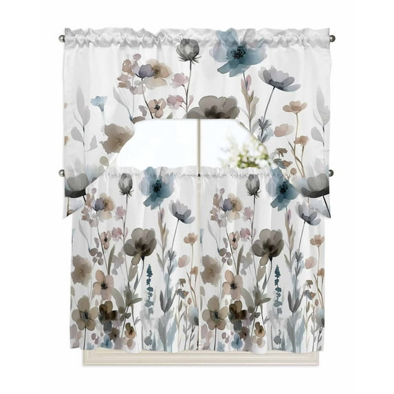 Blue Grey Pink Spring Floral Swag Valance and Tier Curtains 36'' Length Set, Watercolor Botanical Light Filtering Kitchen Curtains, Tier Curtain Valances for Bathroom/Living Room/Bedroom/Café