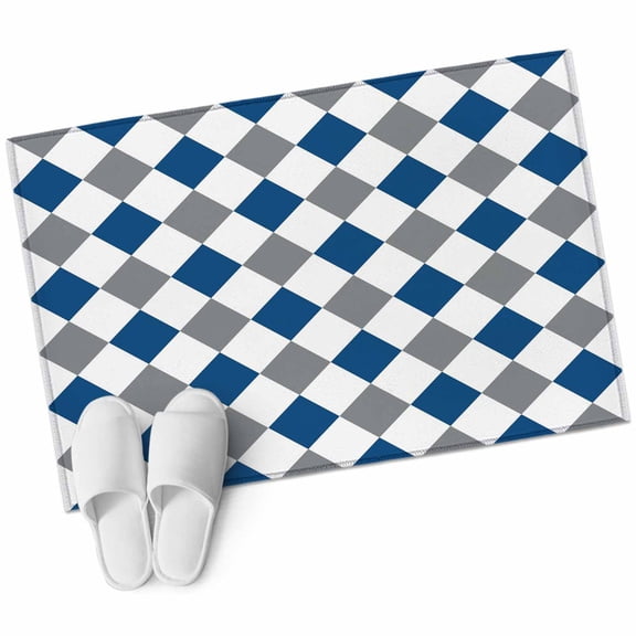 Blue Grey Plaid Bathroom Rug Washable 2x3 Entryway Rug Non Slip Modern Geometric Minimalist Checkered Front Door Mat Low Pile Indoor Doormat Throw Floor Carpet for Kitchen Bedroom Entrance