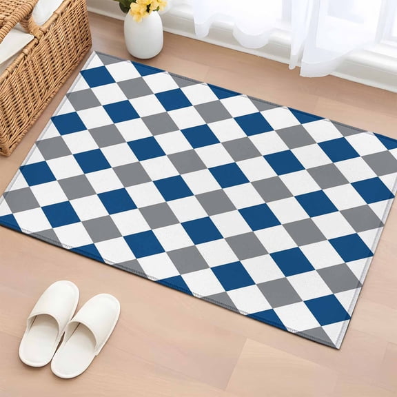 Blue Grey Plaid Entryway Rug 2'x3' Non Slip Front Door Mats, Modern Geometric Minimalist Checkered Entrance Rugs Indoor Outdoor Carpet, Washable Floor Mats Small Area Rug for Bedroom Kitchen