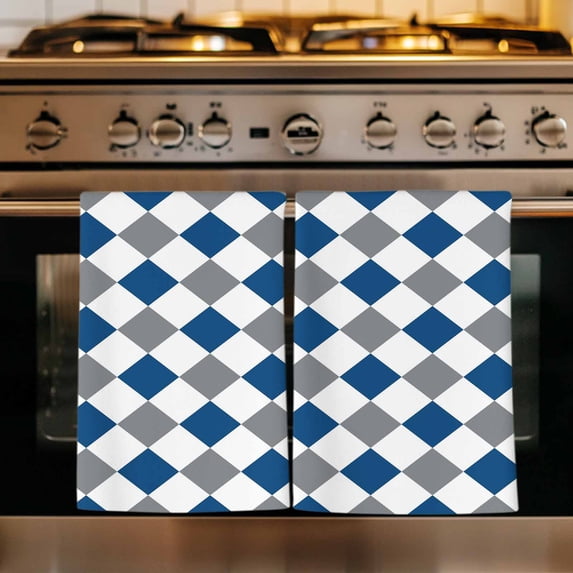 Blue Grey Plaid Kitchen Towels Set of 3, Modern Geometric Minimalist Checkered Absorbent Dish Towels for Kitchen, Microfiber Hand Towel, Quick Drying Tea Towel for Cleaning Decorative Dishcloths
