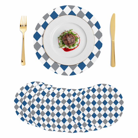 Blue Grey Plaid Round 13 Inch Placemats Set of 8, Modern Geometric Minimalist Checkered HeatResistant Non Slip Place Mats for Dining Table, Wipeable Braided Kitchen Table Mats for Housewarming