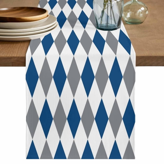 Blue Grey Plaid Table Runner 48 Inches, Modern Geometric Minimalist Checkered Bed Runner Dresser Scarves Tabletop for Indoor Outdoor Parties/Ceremony/Banquet, 13" x 48"