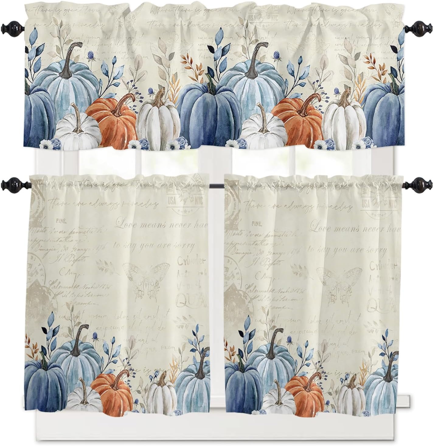 Blue Grey Pumpkin Fall Kitchen Curtains Set Half Curtains 24 Inches Length, Thanksgiving Rustic Tier Curtains and Valance Set, Maple Leaf Botanical Window Treatment Draperies for Cafe Bathroom Bedroom