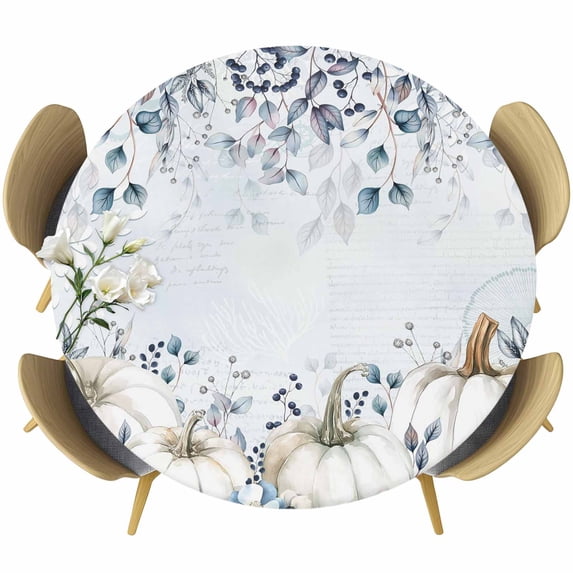 Blue Grey Pumpkins Fall Round Tablecloth, Fitted Table Cover with Elastic for 36"-44" Round Tables, Thanksgiving Botanical Table Cloth Outdoor Indoor Dinning Party Waterproof Tablecloths