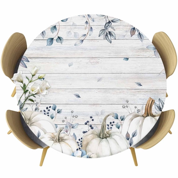 Blue Grey Pumpkins Fall Round Tablecloth, Fitted Table Cover with Elastic for 55"-60" Round Tables, Thanksgiving Botanical Vintage Table Cloth Outdoor Indoor Dinning Party Waterproof Tablecloths
