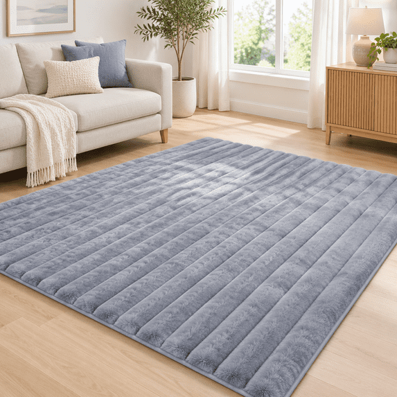 Blue Grey Rabbit Striped Plush Rug 5'x7' Fshaggy Area For & Room Faux ...