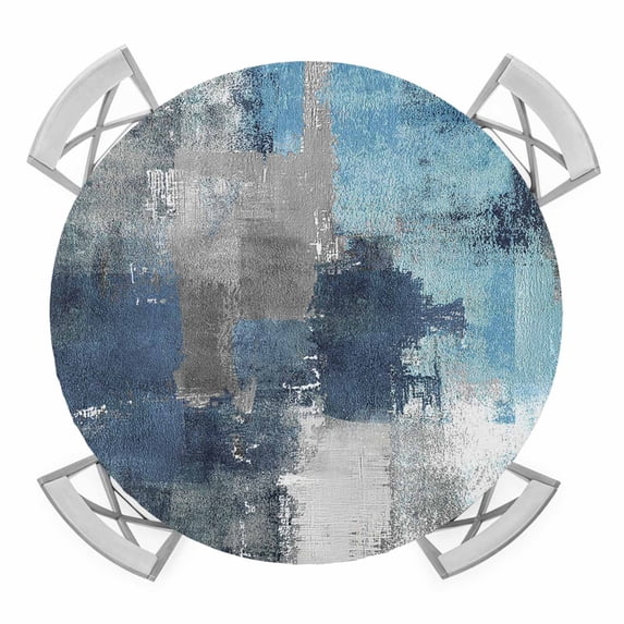 Blue Grey Round Tablecloth for 45-54 Inch Tables,Fitted Table Cover with Elastic Edge,Modern Oil Painted Abstract Art Aesthetics Waterproof Outdoor Table Cloth Protector for Patio Garden Dinner