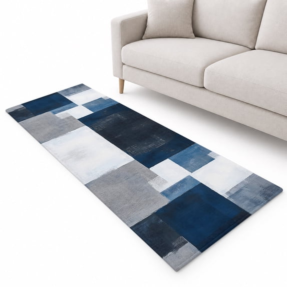 Blue Grey Runner Rug 2.6'x8', Abstract Graffiti Soft Mat Non-Slip ...