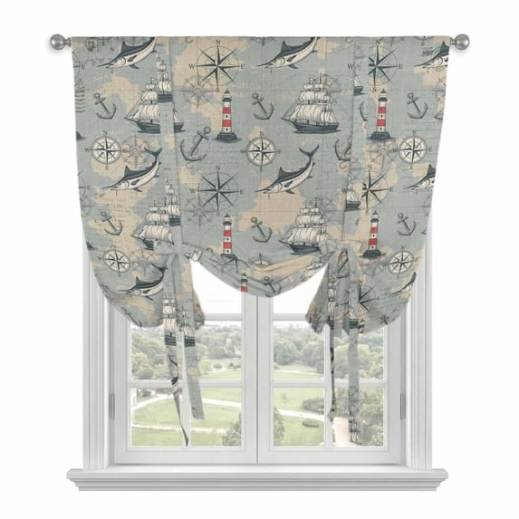 Blue Grey Seaports Balloon Curtains 63 Inch Length for Living Room/Bedroom, Vintage Ocean Anchor Shark Lighthouse Rod Pocket Privacy Door Curtains Decorative Tie Up Shade for Window 52"x63"