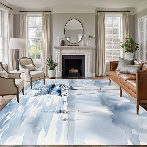 Blue and Grey Seascape 8'x10' Area Rug for Living Room Sectional Sofa, Ocean Sailboat Wave Cloud Sky Watercolor Non Slip Large Rectangle Area Rug, Machine Washable Indoor Outdoor Mat