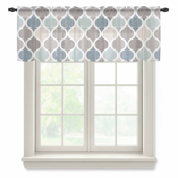 Blue Grey Semi Sheer Valance Curtains Morocco Geometric Plaid Voile Valances Curtain Rod Pocket Small Window Treatment for Kitchen Bathroom Cafe 60"x18"