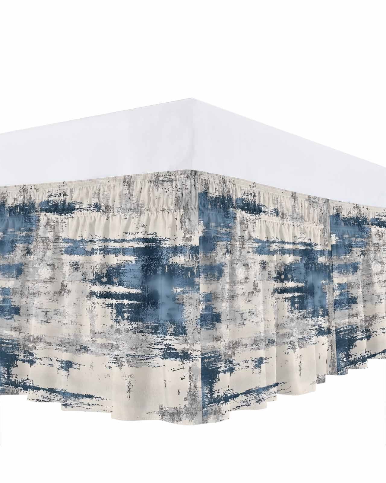 Blue Grey Shabby Bed Skirt King Size 16" Drop Vintage Abstract Art Modern Ruffled Wrap Around Bed Skirts Adjustable Elastic Bedskirt Dust Ruffle for King Size Bed