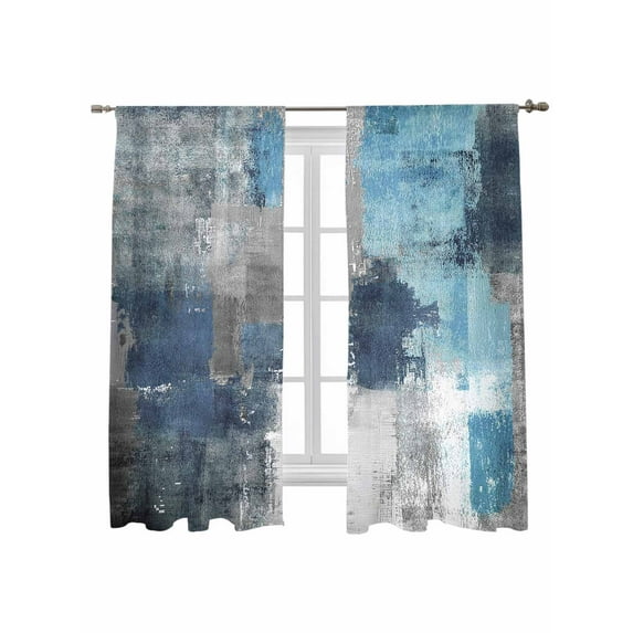 Blue Grey Sheer Curtains 2 Panels Set Modern Graffiti Brush Art Abstract Lihgt Filtering Rod Pocket Voile Drape, Semi Sheer Window Curtains for Bedroom Living Room, 52"x63"