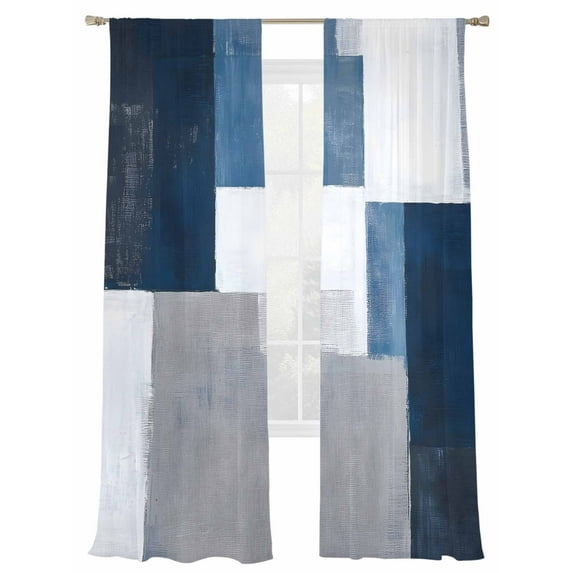 Blue Grey Sheer Curtains for Living Room Bedroom, Light-filtering Sheer Curtain, Abstract Graffiti Rod Pocket Voile Window Treatment Drapes, 52’’Wx84’’L, 2 Panels Set