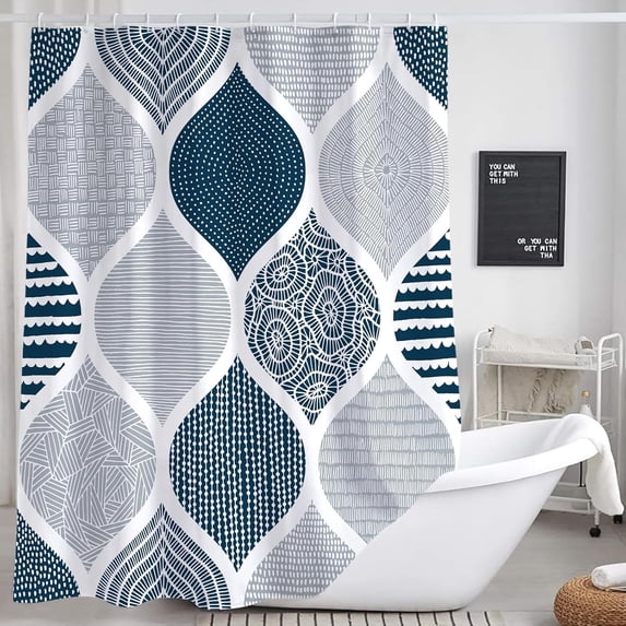 Blue and Grey Shower Curtain for Bathroom, Light Blue White Dark Gray Navy Bohemian Chic Geometric Pattern Fabric Shower Curtains Set, Modern Paisley Restroom Decor Accessories with Hooks 60x72inches