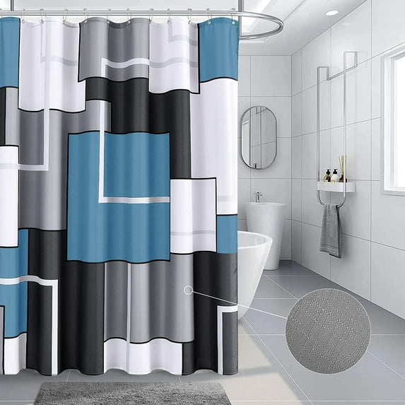 Blue Grey Shower Curtain Set with Hooks Black and White Shower Curtain for Bathroom Fabric Grey Shower Curtain Geometric Bath Curtains Decorative Gray Shower Curtain Water Repellent, 72x72, Misty Blue