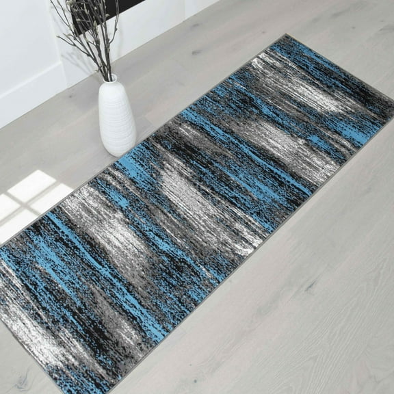 Blue/Grey/Silver/Black/Abstract Contemporary Modern Design Mixed Brush Pattern Colors Area Rug