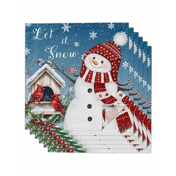 Blue Grey Snowman Christmas Cloth Napkins Set of 6 Reusable Dinner Napkins, Xmas Snowflake Birds Berry Winter Cocktail Napkin Washable Table Napkins for Wedding/Holiday Party/Baby Shower 20"x20"