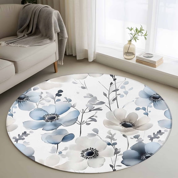 Blue Grey Spring Floral 3ft Area Rug, Summer Flowers Botanical Washable Non-Slip Small Round Rugs for Entryway Bedroom Kitchen, Soft Circle Carpet for Dining Room, Playroom Nursery Rug