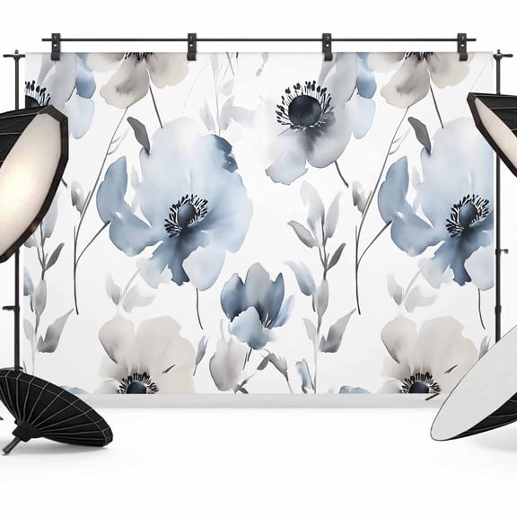 Blue Grey Spring Floral Backdrop for Photoshoot,Photography Photo Studio Background Wall Backdrop,Elegant Summer Botanical Back Drop Banner Panel for Portraits Wedding Live Streaming Decor 8x6Ft
