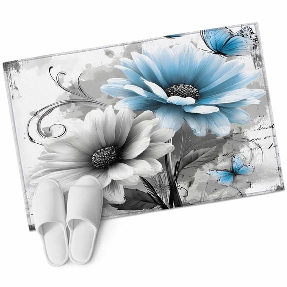 Blue Grey Spring Floral Bathroom Rug Washable 2x3 Entryway Rug Non Slip Summer Botanical Flowers Butterfly Front Door Mat Low Pile Indoor Doormat Throw Floor Carpet for Kitchen Bedroom Entrance