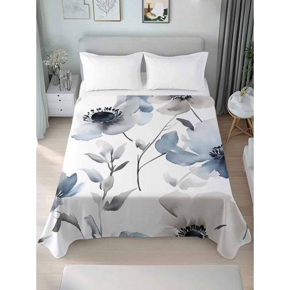 Blue Grey Spring Floral California King Size Flat Sheet, Wrinkleproof & Fadeproof Cooling Flat Bed Sheet Only, Elegant Summer Botanical Breathable Soft Bedding Top Sheets 108 x 98 Inches