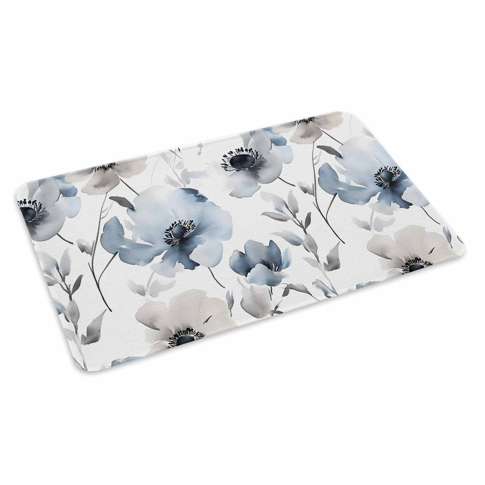 Blue Grey Spring Floral Doormat Outdoor Entrance 16"x24", Elegant Summer Botanical Absorb Moisture Dirt Door Mats, Non-Slip Rubber Backing Floor Mats Indoor, Low-Profile Front Door Rugs