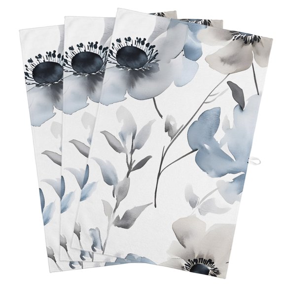 Blue Grey Spring Floral Kitchen Towels, Absorbent Microfiber Kitchen Dish Hand Tea Bath Towel, Elegant Summer Botanical Quick Dry Cleaning Cloth Dishclothes Decorative Sets, (3-PC, 18x28)