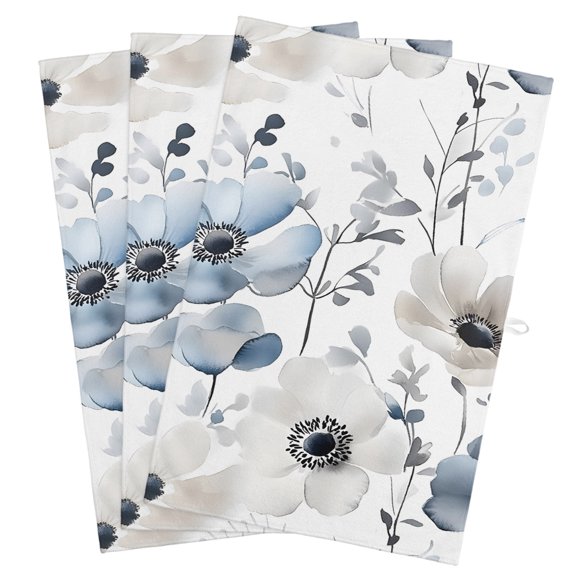 Blue Grey Spring Floral Kitchen Towels, Absorbent Microfiber Kitchen Dish Hand Tea Bath Towel, Summer Flowers Botanical Quick Dry Cleaning Cloth Dishclothes Decorative Sets, (3-PC, 18x28)