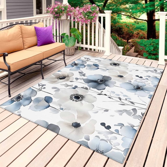 Blue Grey Spring Floral Outdoor Rug for Patio/Deck/Porch, Non-Slip Large Area Rug 3 x 5 Ft, Summer Watercolor Botanical Indoor Outdoor Rugs Washable Area Rugs, Reversible Camping Rug Carpet Runner