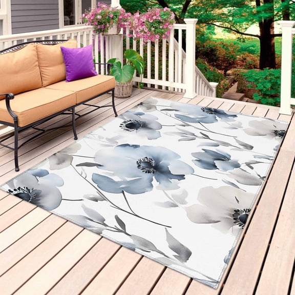 Blue Grey Spring Floral Outdoor Rug for Patio/Deck/Porch, Non-Slip Large Area Rug 4 x 6 Ft, Elegant Summer Botanical Indoor Outdoor Rugs Washable Area Rugs, Reversible Camping Rug Carpet Runner