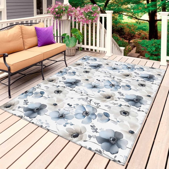 Blue Grey Spring Floral Outdoor Rug for Patio/Deck/Porch, Non-Slip Large Area Rug 4 x 6 Ft, Summer Flowers Botanical Indoor Outdoor Rugs Washable Area Rugs, Reversible Camping Rug Carpet Runner